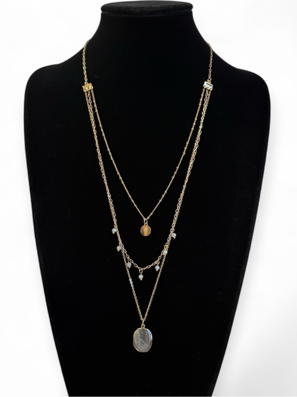 ROMOLO Layered Gold Stone Pendant Necklace Gray Beaded Boho Chic | NWT
